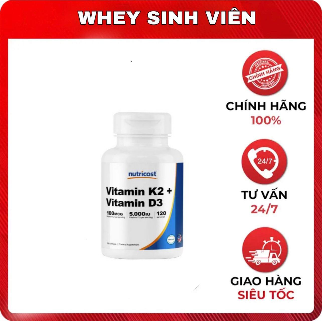Nutricost Vitamin D3 K2  (120 viên)